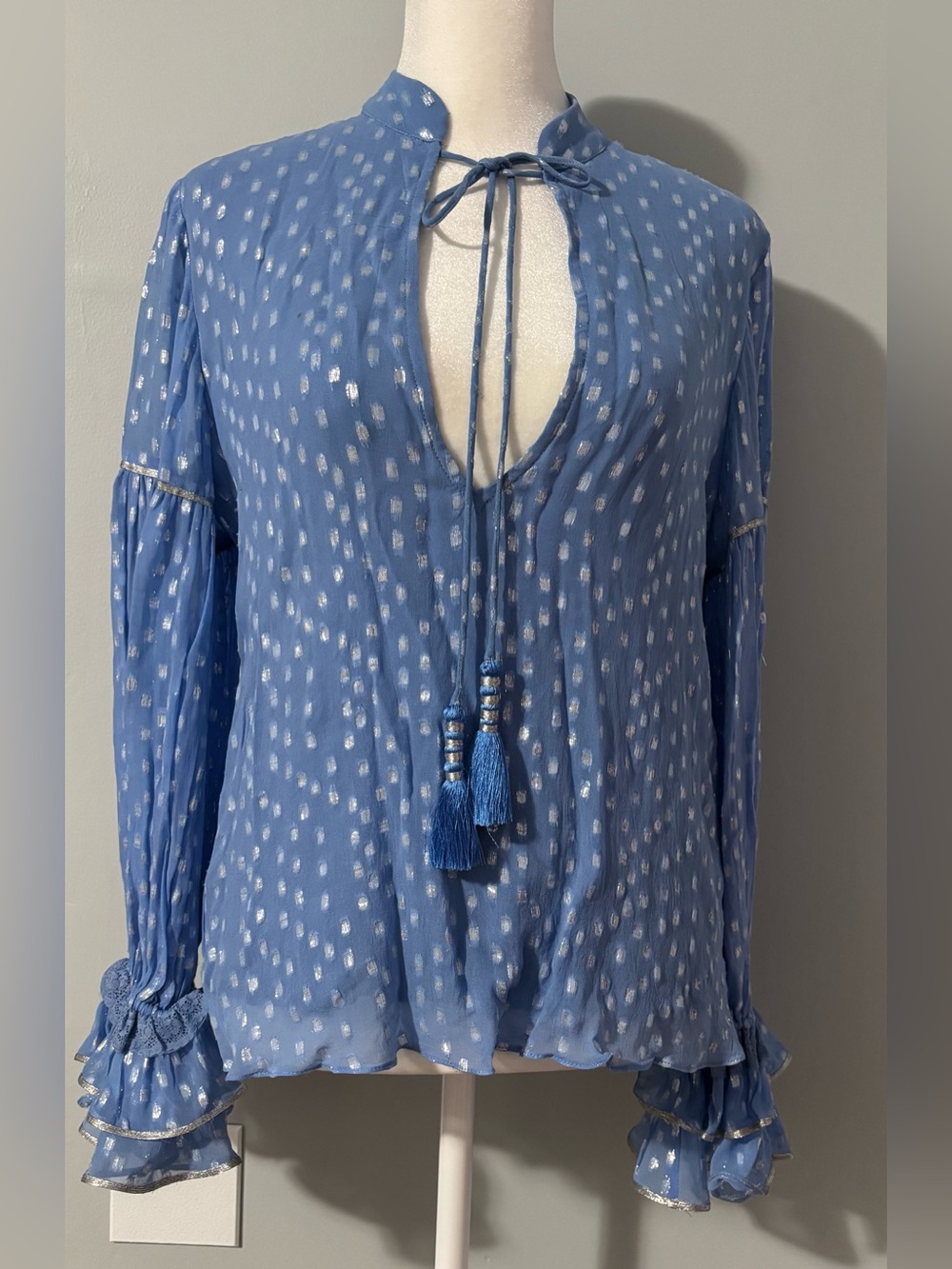 Rococo Sand Blue Metallic Dot Tie-Neck Blouse Size S